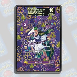 Może przedstawiać: Oceniona karta kolekcjonerska One Piece przedstawiająca zielonowłosą postać trzymającą miecz, na fioletowym tle z powtarzającym się wzorem kwiatowym. Karta zawiera czarną etykietę u góry z tekstem 10 Pristine oraz słowem SAMPLE.