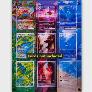 May include: A rectangular acrylic display frame featuring nine slots for trading cards, arranged in three columns and three rows. The background displays colorful illustrations of forest, fire, and water themes. The text Cards not included is visible.