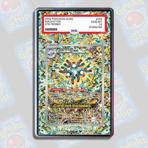 May include: A 2024 Pokemon Surg Magneton ETB Promo trading card graded GEM MT 10 by PSA. The card features a central Magneton illustration against a vibrant, lightning-patterned background. The slab includes a red label with text and a barcode.