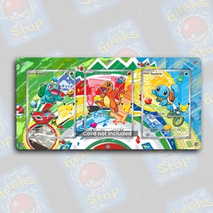 May include: A rectangular display board featuring three slots for trading cards, decorated with colorful graphics of Bulbasaur, Charmander, and Squirtle. The center includes the text Card not included, and the board has four corner holes.