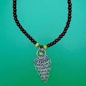 Arrow-Head's Ghost - Princess Length Necklace Silver Chain Black Glass Bright Green Semi Precious Stones Chainmaille Arrow