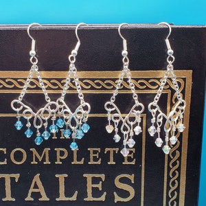 Fairy&#39;s Chandelier Earrings  5 Loop Cloverleaf Chain White Swarovski Crystals 2 Inches