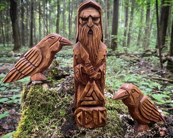 Odin statue. Hugin and Munin. Wotan sculpture. Norse Pagan God.