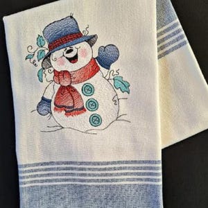 Christmas Kitchen Towel/Tea Towel - Embroidered Snowman - Holiday - Winter - White