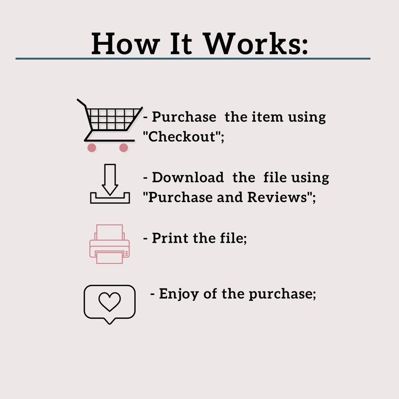 May include: A diagram showing the steps to purchase a digital product. The steps are: 1. Purchase the item using "Checkout"; 2. Download the file using "Purchase and Reviews"; 3. Print the file; 4. Enjoy the purchase.