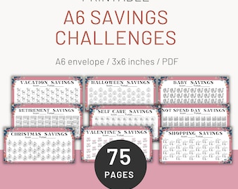 A6 Saving Challenges, Geld besparen, trackers, A6 Geldbinder & Envelop, 75 Pagina's, Digitale Download PDF, 3x6 inch