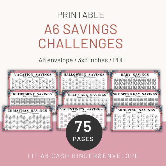 A6 Saving Challenges, Saving funds,  trackers, A6 Cash binder & Envelope, 75 Pages, Digital Download PDF,3x6 inch