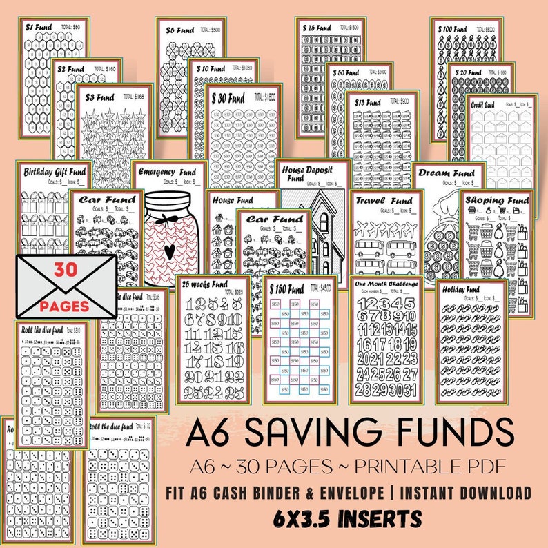 A6 Savings Tracker, Challenge, funds bundle, Printable Savings Challenge, A6 Cash binder & Envelope, 6x3.5 in Finance Planner, Printable PDF 