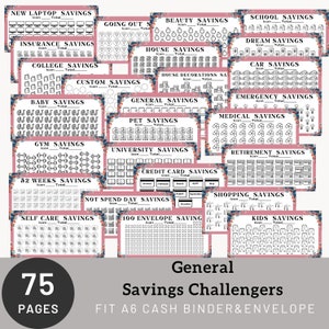 May include: A set of 75 printable pages for a savings challenge. Each page features a different savings goal, such as "New Laptop Savings", "House Savings", "Car Savings", and "Kids Savings". Each page has a grid of icons to track savings progress. The pages are designed to fit an A6 cash binder and envelope system.