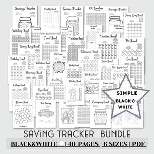 May include: A black and white printable bundle of 40 pages of savings trackers. The trackers are designed to help people save money for different goals, such as a holiday, a new car, or a rainy day fund. The trackers feature different designs, including jars, envelopes, and other illustrations. The bundle includes 6 different sizes of trackers. The text on the image reads "Saving Tracker Bundle Black & White | 40 Pages | 6 Sizes | PDF".