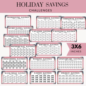 May include: A printable set of 12 holiday savings challenge trackers. Each tracker features a different holiday theme, such as Thanksgiving, Halloween, Christmas, Valentine's Day, and more. Each tracker has a space to write in the total amount saved and a grid of 100 icons to color in as you save.