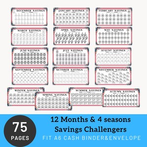 May include: A printable set of 75 pages for a savings challenge. The pages are designed for a cash binder and envelope system. The pages are organized by month and season, with each page featuring a different icon and space to track savings goals.