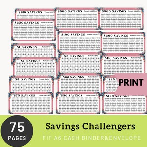 May include: A set of 75 printable savings challenge sheets with pink backgrounds and floral borders. Each sheet has a different savings goal, ranging from $1 to $500, with a total savings amount listed. The sheets are designed to fit A6 cash binders and envelopes.