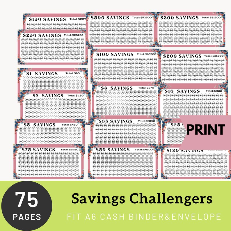 May include: A set of 75 printable savings challenge sheets with pink backgrounds and floral borders. Each sheet has a different savings goal, ranging from $1 to $500, with a total savings amount listed. The sheets are designed to fit A6 cash binders and envelopes.