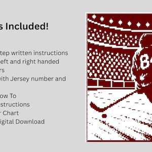 May include: A digital crochet pattern featuring a maroon and white pixelated graphic of a hockey player wearing jersey number 84 on an ice rink. The text reads: What's Included! Step by step written instructions, pattern options, mosaic guide, border instructions, full color chart, and instant digital download.