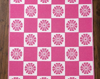花柄チェック柄オーバーレイモザイクかぎ針編みブランケットパターン：初心者向け、即時デジタルダウンロード
