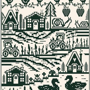 May include: A pixelated illustration in dark green on a cream background. The design features birds, houses, tractors, trees, strawberries, snails, and swans. The style is reminiscent of cross-stitch or embroidery, creating a charming, rustic scene.