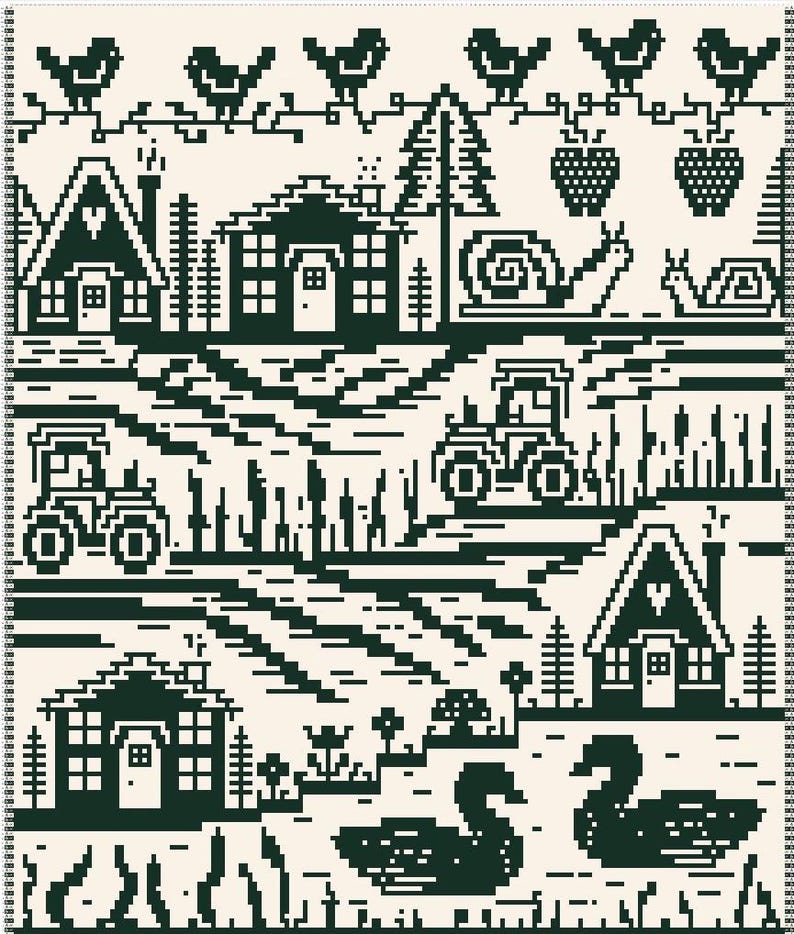 May include: A pixelated illustration in dark green on a cream background. The design features birds, houses, tractors, trees, strawberries, snails, and swans. The style is reminiscent of cross-stitch or embroidery, creating a charming, rustic scene.