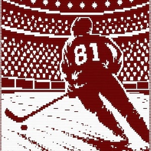 May include: A maroon and white crochet blanket featuring a pixelated graphic of a hockey player wearing the number 81 on their jersey. The player is positioned on an ice rink with a stadium crowd visible in the background of the design.