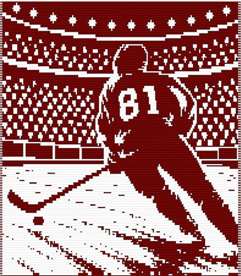 May include: A maroon and white crochet blanket featuring a pixelated graphic of a hockey player wearing the number 81 on their jersey. The player is positioned on an ice rink with a stadium crowd visible in the background of the design.