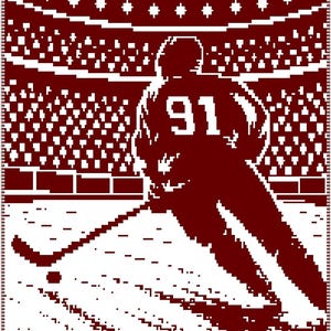 May include: A maroon and white pixelated graphic design featuring a hockey player wearing a jersey with the number 91 on the back. The player is positioned on an ice rink with a hockey stick and puck, set against a stadium crowd background.