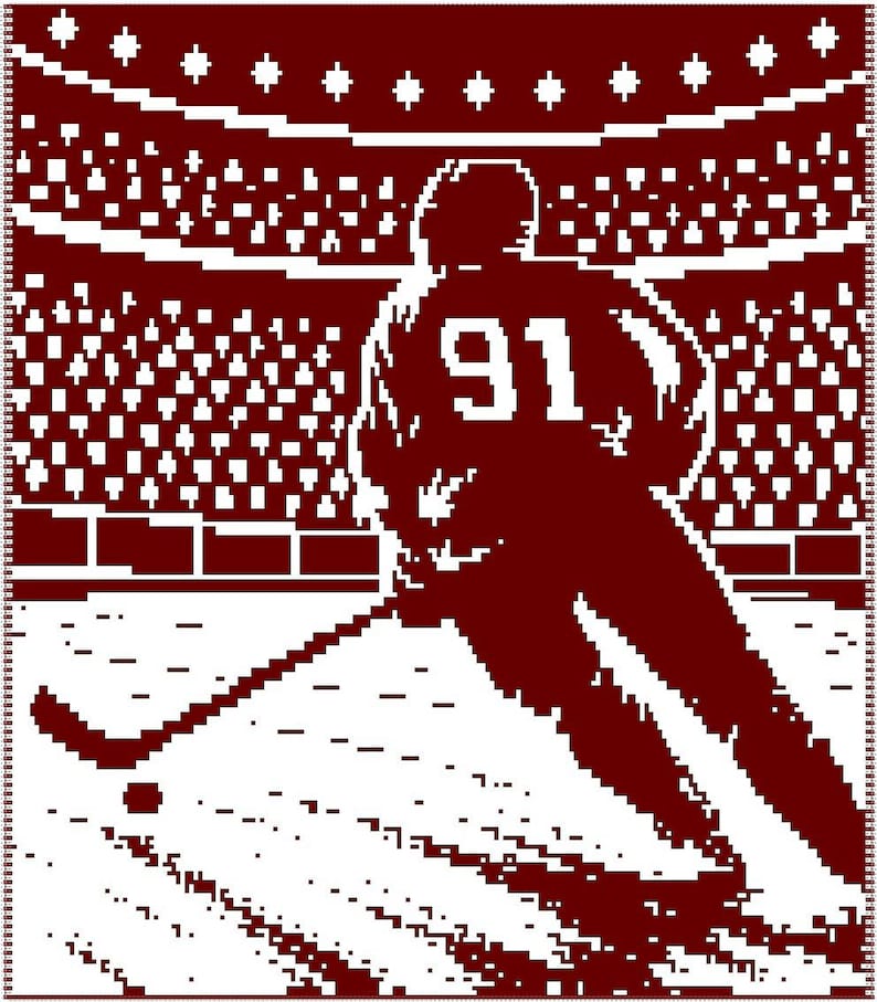 May include: A maroon and white pixelated graphic design featuring a hockey player wearing a jersey with the number 91 on the back. The player is positioned on an ice rink with a hockey stick and puck, set against a stadium crowd background.