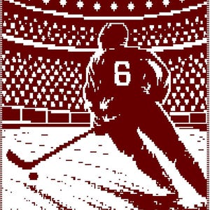 May include: A maroon and white woven blanket featuring a pixelated graphic of a hockey player wearing a jersey with the number 6 on the back. The player is positioned on an ice rink with a hockey stick and puck, set against a stadium crowd.
