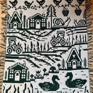 Puede incluir: Una manta de ganchillo hecha a mano con una escena campestre en blanco y negro. El diseño incluye casas, tractores, árboles, pájaros, caracoles y patos. La manta tiene un borde con flecos.