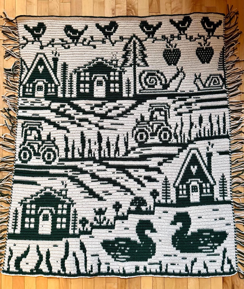 May include: A handmade crochet blanket featuring a countryside scene in black and white. The design includes houses, tractors, trees, birds, snails, and ducks. The blanket has a fringe border.