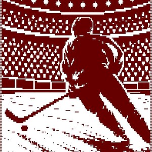 May include: A maroon and white woven blanket featuring a pixelated graphic of a hockey player on the ice. The design depicts the athlete in motion with a hockey stick and puck, set against a stadium background with rows of spectators.