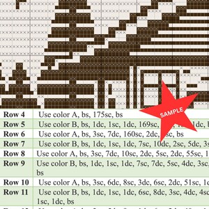 May include: A cross-stitch pattern chart with a brown tree design on a white grid background. The chart includes rows of instructions with color codes and stitch counts. A red star-shaped "SAMPLE" graphic is in the image.
