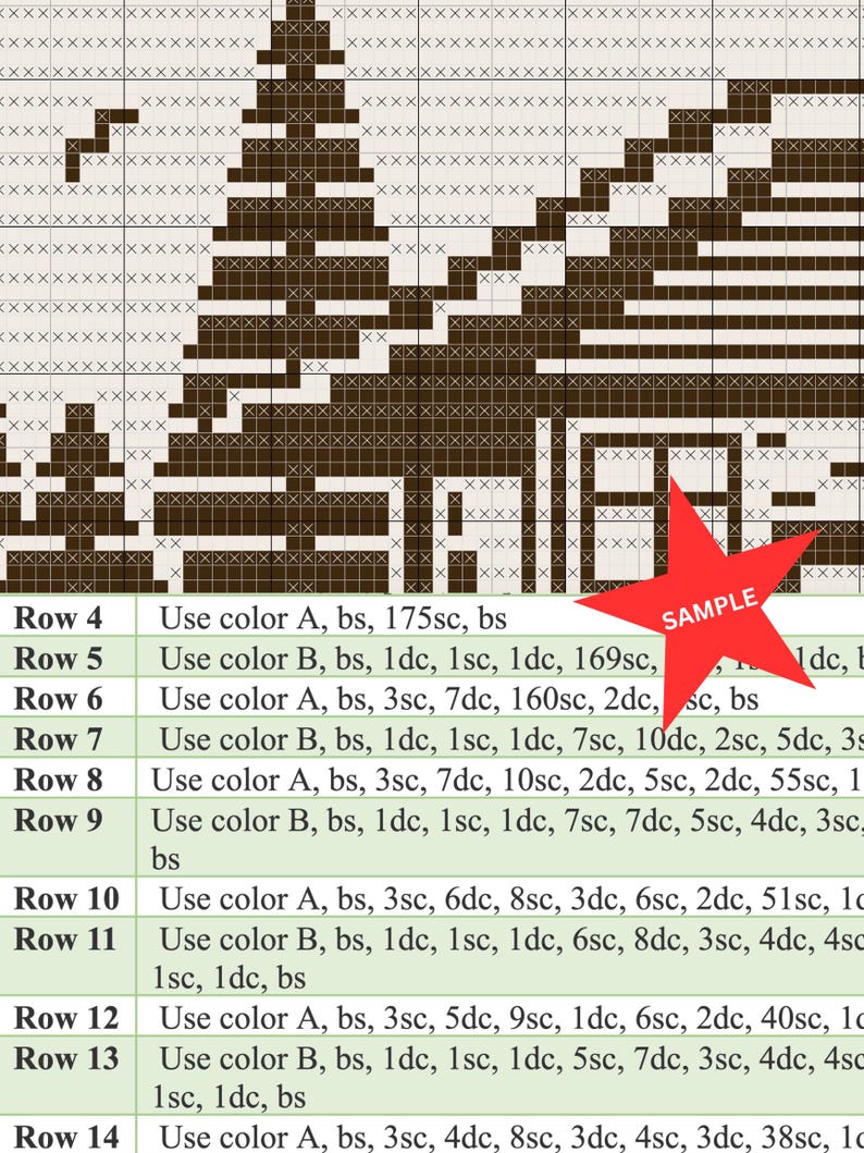 May include: A cross-stitch pattern chart with a brown tree design on a white grid background. The chart includes rows of instructions with color codes and stitch counts. A red star-shaped "SAMPLE" graphic is in the image.