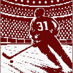 Pode incluir: Um design gráfico pixelado em vermelho escuro e branco apresentando um jogador de hóquei com o número 31 na camisa no gelo. O fundo retrata um estádio lotado com fileiras de espectadores e uma estrutura de teto curva acima da pista.