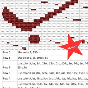 May include: A crochet pattern chart featuring a grid with dark red squares forming a diagonal design, accompanied by a table listing instructions for rows 0 through 6, including abbreviations like sc and dc, and a red star icon labeled SAMPLE.