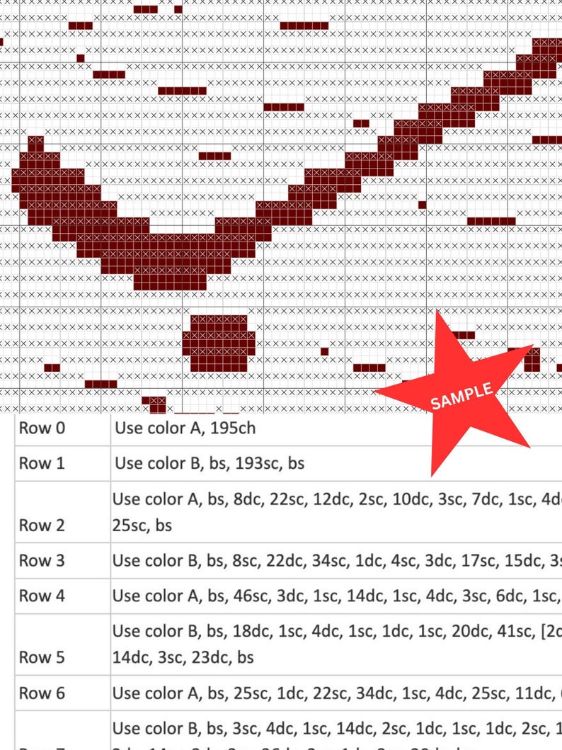 May include: A crochet pattern chart featuring a grid with dark red squares forming a diagonal design, accompanied by a table listing instructions for rows 0 through 6, including abbreviations like sc and dc, and a red star icon labeled SAMPLE.