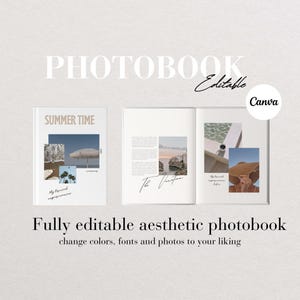 Op de afbeelding: Een mockup van een fotoboek met een zomerthema. De omslag toont de tekst "SUMMER TIME" en een collage van afbeeldingen. De binnenpagina's tonen een foto van een zonsondergang en een foto van een persoon met een hoed. De tekst "The Vacation" staat op de pagina.