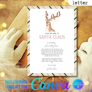 Op de afbeelding: Bewerkbare, afdrukbare briefsjabloon voor Canva met een aquarel-illustratie van een rendier met lichtjes. De brief is geadresseerd aan Samantha Jones van Sinterklaas en bevat een boodschap over het een braaf kind zijn.
