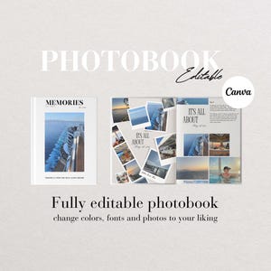 Op de afbeelding: Een fotoboek sjabloon met een blauw en wit cruiseschip op de omslag. De binnenpagina's bevatten foto's van een cruiseschip en de tekst "It's All About" met een datum. De tekst "Volledig bewerkbaar fotoboek, verander kleuren, lettertypen en foto's naar wens" staat onder het fotoboek.