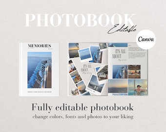 May include: A photobook template with a blue and white cruise ship on the cover. The inside pages feature photos of a cruise ship and the text "It's All About" with a date. The text "Fully editable photobook change colors, fonts and photos to your liking" is below the photobook.