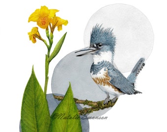 Kingfisher and Canna Lily print, original water art, 8x10