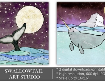 Pinturas de baleias para impressão, download digital, Ocean Life, Aquarela