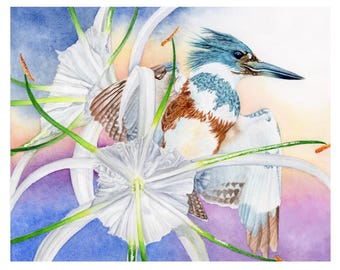 Kingfisher and Lily print, original watercolor art, 8x10