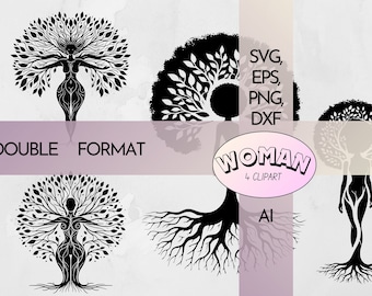Afro Goddess of Nature | 4 Black Women Silhouette Digital Clipart Png Eps Ai DXF Woman Tree SVG | Afro Woman Tree PNG