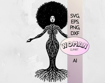 Goddess Woman Tree with open arms SVG | Afro Woman Tree PNG | Empowerment Black Women Silhouette Digital Clipart Png Eps Ai DXF