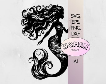 African Mermaid Goddess SVG | Afro Mermaid Silhouette Clipart | Empowerment and Mystical Nature Bundle | Cricut | Digital Art PNG, EPS, Ai