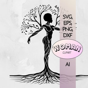Drzewo Bogini Kobieta SVG | Pełna Długość Afro Kobieta Drzewo PNG | Drzewo Rodowe poprzez postać Czarnej Bogini Cyfrowy Clipart Png Eps Ai DXF