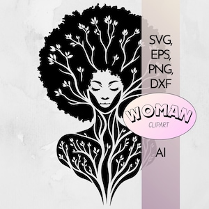 Diosa Afro de la Naturaleza SVG / Mujeres Negras Silueta Clipart / Logotipo del árbol de la vida / Archivo de corte Cricut / Vector imprimible Digital Png Eps Ai