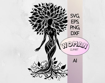 Woman Goddess Flora Tree | Afro Woman Tree PNG | Women Empowerment Black Women Silhouette Digital Clipart Png Eps Ai DXF