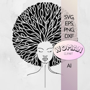 May include: Black and white line art illustration of a woman with a large afro hairstyle. The afro is styled with intricate details resembling branches and leaves. The woman has closed eyes and a simple, stylized face. The text "WOMAN CLIPART" is in a pink oval shape.