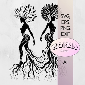 Soeurs de la déesse de la nature arbre de vie pleine longueur femme arbre SVG | Arbre Afro Femme PNG | Clipart silhouette de femme noire Png Eps Ai DXF